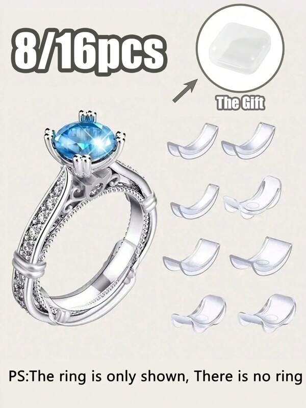 8/16 szt. żywiczny regulator rozmiaru pierścionka niewidoczna podkładka do regulacji rozmiaru luźnego pierścionka, pasuje do wszystkich rozmiarów palców niewidoczny regulator rozmiaru pierścionka do luźnych pierścionków - wiele rozmiarów palców, wygodna i ochronna regulacja pierścionka - regulowany przezroczysty napinacz narzędzie do zmiany rozmiaru osłona biżuterii na luźne pierścionki regulator rozmiaru pierścionka pasuje do każdego pierścionka, różne rozmiary regulatora pierścienia dla kobiet