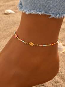 1 Cadena de tobillo de oro con diseño de girasol de playa de verano, un regalo para una amiga con cuentas aleatorias
