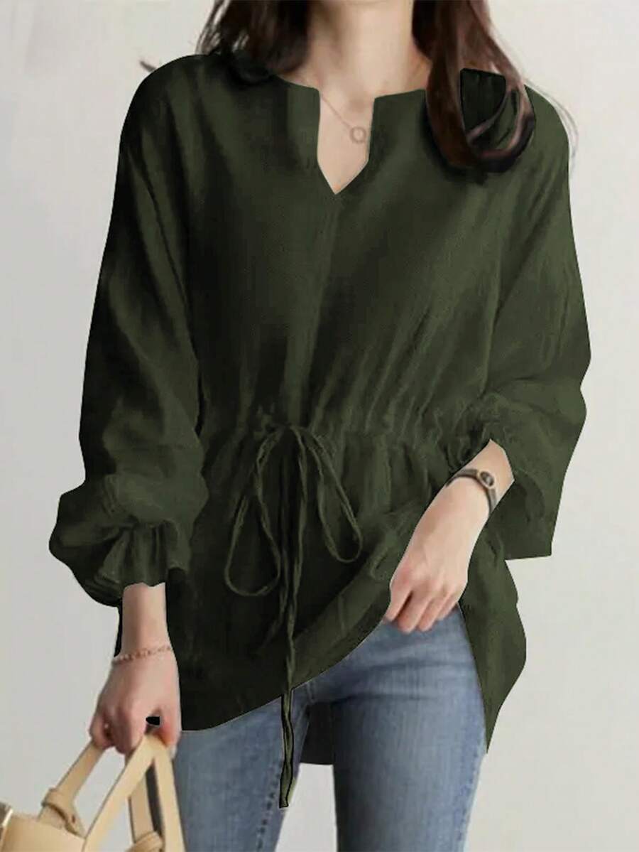 Tops-V-Neck Versatile Tunic Women's Cross-Border New Retro Casual Loose Long-Sleeved Lace-Up Top