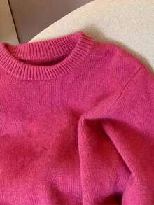 Women's Polyester Casual Solid Ribbed Loose Sweater, Rose Red, Everyday Autumn/Winter - Hot Pink - View 3