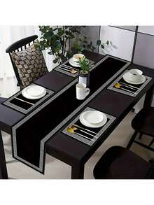 7pcs/Set Geometric Greek Key Design Placemats & Table Runners, Washable Navy Blue Dining Table Mat For Restaurant, Kitchen, Outdoor Party Decoration - Black - View 3