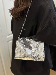 Fashionable Silver Sequin Shoulder/Crossbody Small Square Bag - Bright silver - View 2