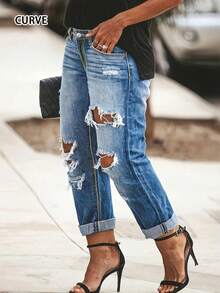 European And American Spring And Summer New Casual Mid-Waist Ripped Straight Pants Street Style Long Jeans For Women - Dark Wash - View 2