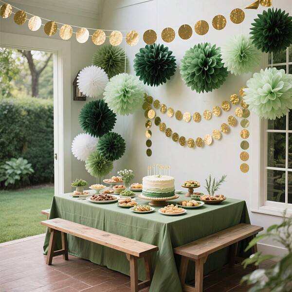 19pcs/Set Bohemian Style Jungle Party Decorations, Including Paper Flower Balls, Paper Garlands, Circular Slices, Tassel Kits, Suitable For Wedding, Party, Featuring Green Paper Flowers, Grey-Green Pom Poms, Gold Floral Wreath Hangings, Great For Country Parties, Weddings, Bridal Showers, Birthday Parties