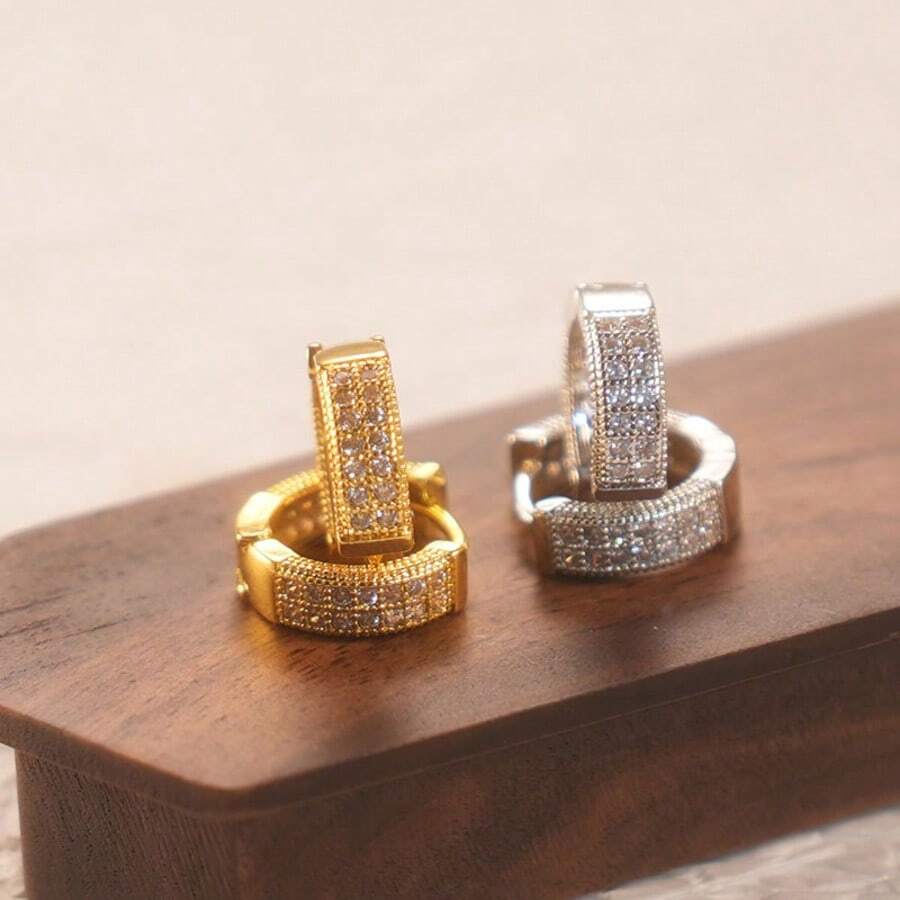 1 件奢华金色圆形水晶环状耳环，镶嵌方晶锆石，防过敏，时尚圆形耳环