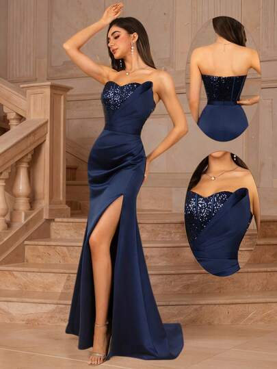 MOEVIO 女士正式优雅露肩亮片修身褶皱A字高开衩长裙，适合晚宴、正式晚宴、婚礼宾客、女士生日派对、返校舞会、秋季派对等场合。