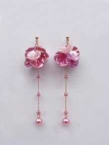 Brincos De Corrente Pérola Falsa Floral Estilo Coreano Com Pingente, Acessórios De Orelha Elegantes E Doces Para Meninas