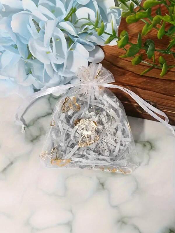 1set/5pcs,Small Silk Cloth Gift Bag With Drawstring And Transparent Mesh, Featuring Golden Butterflies And Floral Designs, Suitable For Jewelry, Parties And Wedding Tokens, Jewelry Packaging Supplies | Fantasy Design | Transparent Silk Cloth Bag, Gift Bag(Random Pattern Placement)