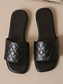 Sandalias planas informales con aplicación de pespunte a cuadros para mujer de talla grande - Negro - Ver 7