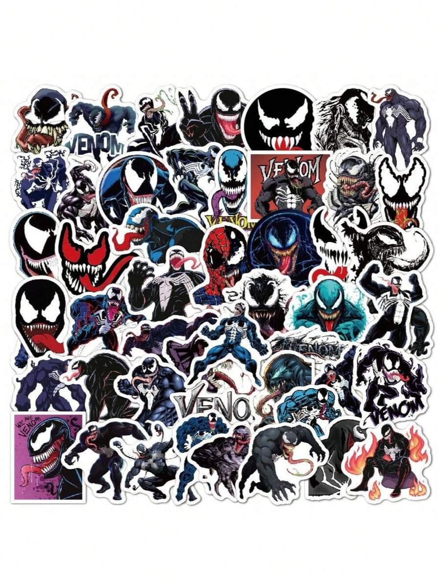 50Pcs Marvel Official Venom Character Collection PVC Stickers Office Marking Labels Luggage Computer Cell Phone Mug Desktop DIY Self Adhesive Stickers The Gift Of Christmas Halloween The Best Gift For Your Family - Black - View 1