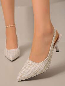 Sapatos de Salto Alto de Bico Fino Femininos - Parte Superior de Tecido Listrado com Bordado Decorativo, Forro Sintético e Sola de Borracha, Sapatos Formais e Casuais Elegantes para Todas as Estações, Adequados para Ocasiões Formais | Estilo Sofisticado | Durável e Resistente ao Desgaste