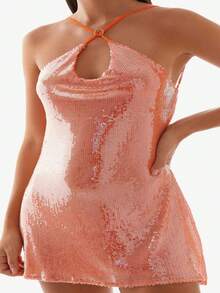 Women Mini Dress Sequins Sleeveless Spaghetti Strap Dress Summer Fashion Backless Dress - trái cam - Xem 1