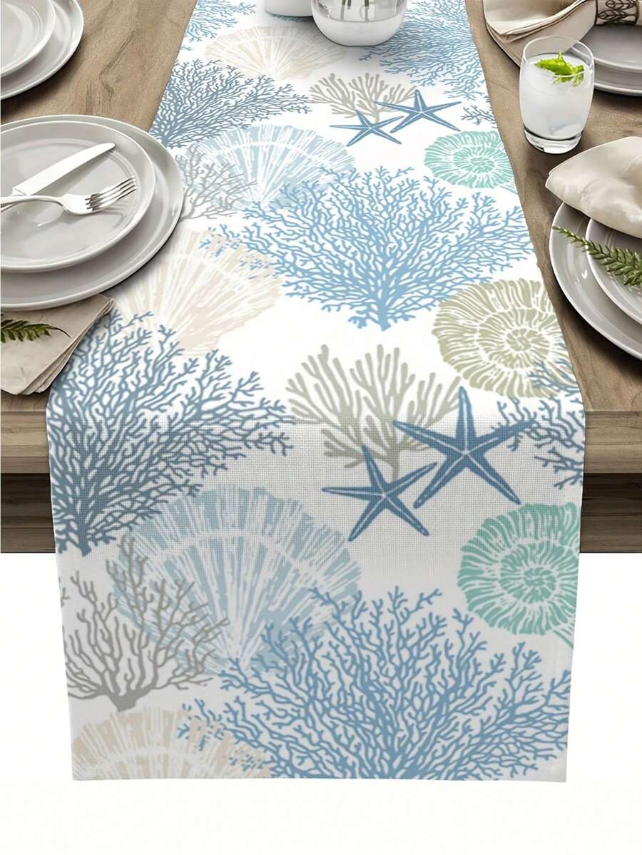 1pc Blue & White Coral Print Table Runner, Vacation Style Ocean Theme Coarse Linen Rectangular Tablecloth, Indoor Outdoor Decor Table Runner, Suitable For All Seasons, Daily Use, Weddings, Holidays, Restaurants, Living Rooms, Dining Tables - Blue and White - View 1