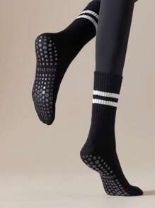 1 Pair Anti-Slip Breathable Sports Yoga Socks, Silicone Non-Slip Simple Striped Mid-Calf Socks Suitable For Home Fitness, Gym, Outdoor Sports, Yoga, Dance, Pilates, Indoor Shock-Absorbing Workout Socks