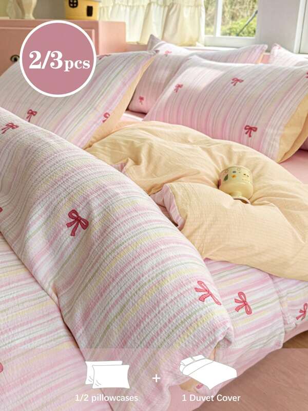 2/3pcs Pink Bow, Yellow Color Matching, Fresh And Lovely, Jacquard Technology, Super Soft,Boys And Girls,School Student,Dormitory Dress-Up, Student Sushe,Sweet And Lovely Girl, Student, Washed And Sanded Quilt Cover Pillowcase Set In Spring And Summer Twin Queen King