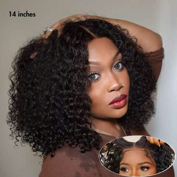 Perruques Bob 4x4 Wear and Go pré-coupées, cheveux humains crépus bouclés, avec dentelle frontale, densité 180 °, sans colle, couleur naturelle, 25,4 à 40,6 cm