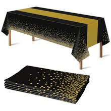 1 pezzo / 4 pezzi Tovaglia nera e dorata per decorazioni per feste, tovaglia rettangolare di plastica nera con stampa dorata, runner da tavolo monouso per feste di compleanno, pensionamento, anniversario, laurea, 54 X108 pollici
