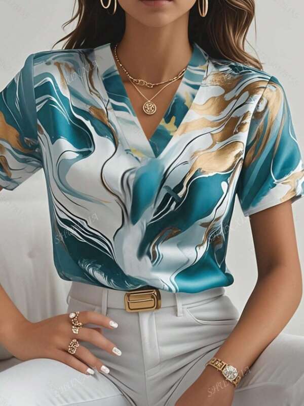 2025 New V-Neck Satin Blouse, High-Quality Short Sleeve Top For Commuting