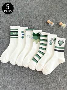 5 Pares (Estilos Aleatórios) Meias de Média Cano Versáteis para Todas as Estações para Mulheres, Azul/Verde, Estilo Streetwear Chique, Estilo Tulipa Grafite Fofo Estilo Universitário