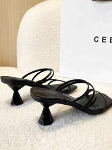 Sandalias de tacón alto con tiras finas y punta abierta sencillas para mujer - Negro - Ver 2