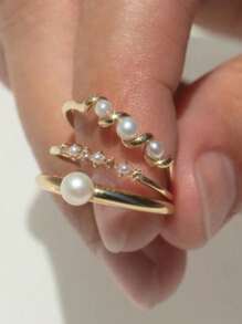 3 Stücke/Set kunstperlen geometrischer Bohemien-Stil Ringe in Kupfer- und Goldton für Frauen, geeignet für Strand, Urlaub, Outdoor-Party, alltägliches Outfit als Accessoire