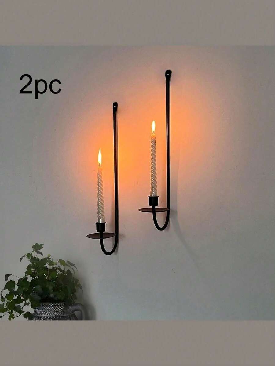 2pcs Modern Simple Style Wall Mounted Candle Holders, Wall Decor - Black - View 1