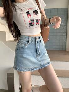 Summer Casual Washed Distressed A-Line Denim Shorts Skirt - Blue - View 4