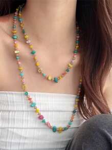 1pc Colorful Shell Crystal Beads Layered Necklace/Sweater Chain, Multi-Color Versatile Summer Vacation Style