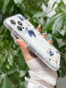简约蓝白花卉图案时尚手机壳 1 件装 新款简约花卉图案手机壳 兼容 16 Pro Max、11/12/13/14 Plus、XR/7/8 Plus/15 Pro Max，保护套 防水防震防摔防刮花 女士节礼物 花朵 - 無色 - 查看 5