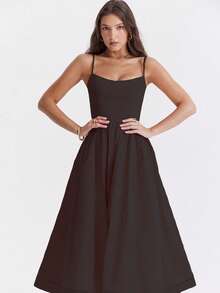 纯色性感U领褶饰腰部喇叭下摆无袖连衣裙 - 黑色 - 查看 5