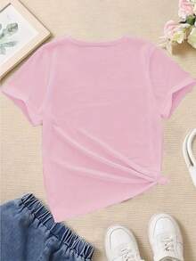Girls' Breathable & Comfy T-Shirt With Cute Animal Print - Perfect For School Or Play, Casual Round Neck Top - 粉色 - 查看 2
