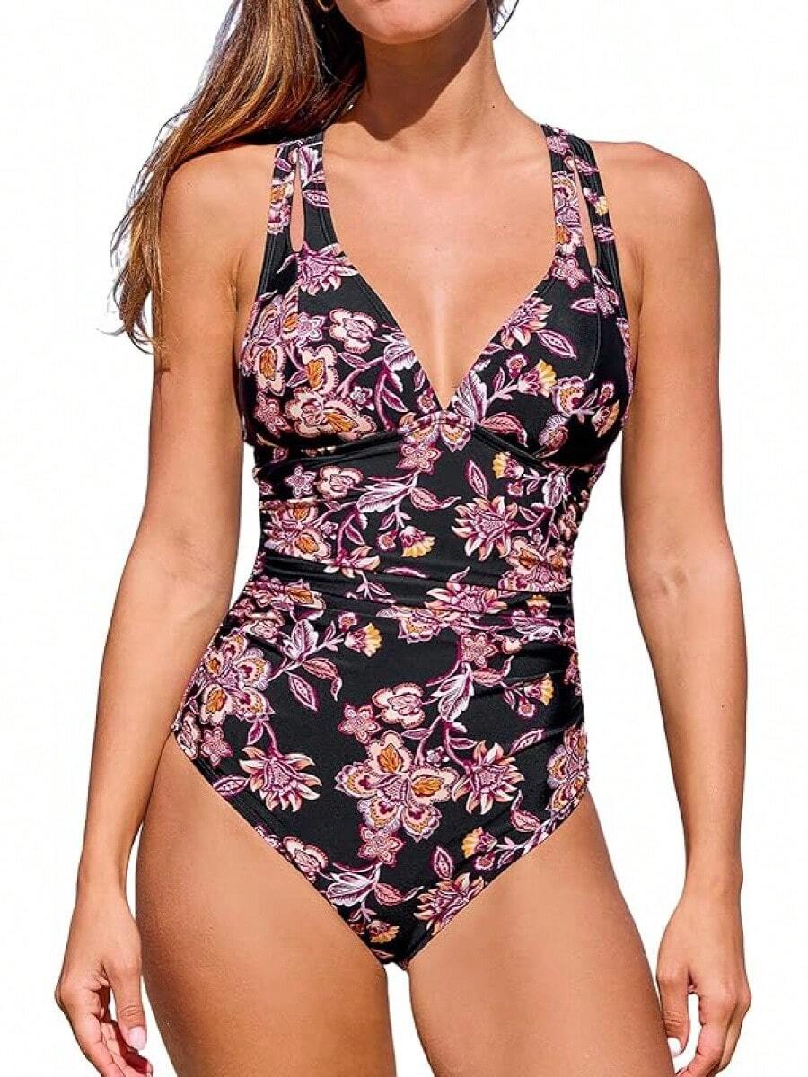 Women's Swimsuit Tummy Control Deep Double Straps Crisscross Back Tie Bathing Suit, 2025 Swimwear - 黑色/灰玫瑰粉 - 查看 1