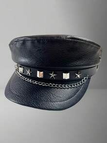 1 件男女通用情侣款四季独特设计豹纹印花、金属铆钉、铆钉、PU 皮革、复古贝雷帽、朋克风格 - 蝴蝶型 - 查看 17