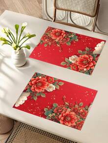1pc Red Floral Pattern Table Runner,Chinese Style,Linen-Like Fabric,1 Table Runner, 4 Placemats, 1 Cushion Cover, 3 Products Selectable, Home Decor, Indoor & Outdoor Party, Theme Decor, Room Decoration. Suitable For Home Kitchen Decor And Event Party Decoration - Multicolor - View 5