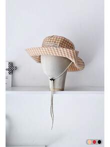 1 件休闲格子刺绣可调节渔夫帽，蕾丝蝴蝶结设计，大帽檐，女士夏季防晒帽 - 蝴蝶結布標格子 - 查看 12