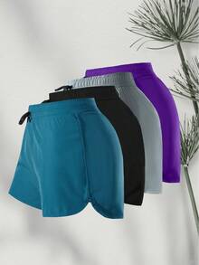 女士夏季运动短裤休闲健身骑行短裤时尚透气弹力抽绳瑜伽短裤跑步健身户外短裤 - 藍色 - 查看 4