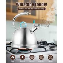 Tea Kettle For Stove Top, 2.5 Quart Stainless Steel Whistling Tea Pot, 3-Layer Base, Unique Dolphin-Shaped Ergonomic Handle, Includes Pot Holder & Mat, Gas Electric Applicable, - 鏡面拋光 - 查看 3