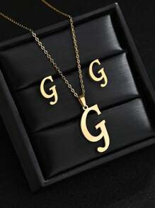 1 Set A-Z Stainless Steel Initial Necklace And Stud Earrings Jewelry Sets Alphabet Letter Pendant Chain Accessories Gifts
