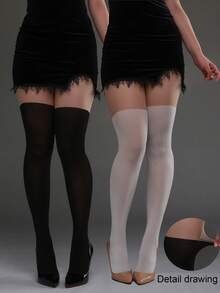 120D Spliced Tight Tights, Fake Thigh Tights, Black & White, Suitable For Halloween, Christmas, Student Style, Daily Wear, Cozy - Multicolor - View 2