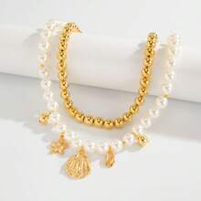 1 pièce Collier pendentif avec coquillage, étoile de mer et conque, chaîne de clavicule en perles fausses CCB minimaliste pour femmes