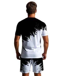 Conjunto De Dos Piezas Para Hombre Compuesto Por Camiseta De Manga Corta Con Estampado De Letras Degradado Y Pantalones cortos con cintura Cortos De Verano - Blanco y Negro - Ver 3