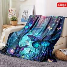 1pc Cabin Style Space Theme Flannel Blanket - 100% Polyester, Suitable For All Seasons, Geometric Butterfly & Tree Pattern, Soft & Skin-Friendly Knit Shawl, Multi-Functional Decorative Sofa Cover, 250-300gsm, Napping Blanket, Leisure