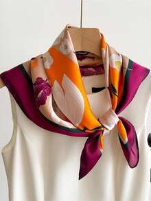 1pc Elegant Floral Print Faux Silk Satin Fashion Versatile Women Scarf, Silky Soft Lightweight Neckerchief, Headband, Shawl, Suitable For Daily, Gala, Photo Shoot, Party, Commute, Accentuates Feminine Charm - Multicolor - View 9