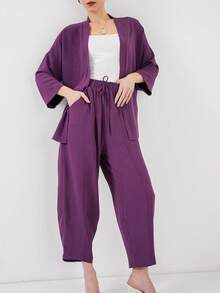 休闲纯色落肩宽松开衫和抽绳腰斜口袋修身裤套装，春秋