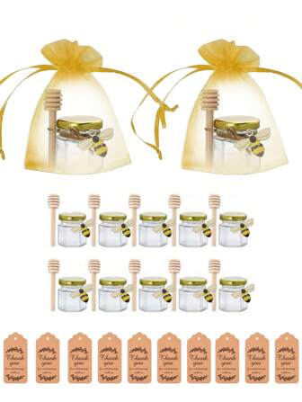 1,5 once Vasetto di miele di vetro mini esagonale - 10 vasetti di miele, dotato di bastoncino di legno per condimenti, coperchio dorato, cartoncino di ringraziamento e juta, perfetto per baby shower, matrimoni e feste, regali di matrimonio e regali per feste