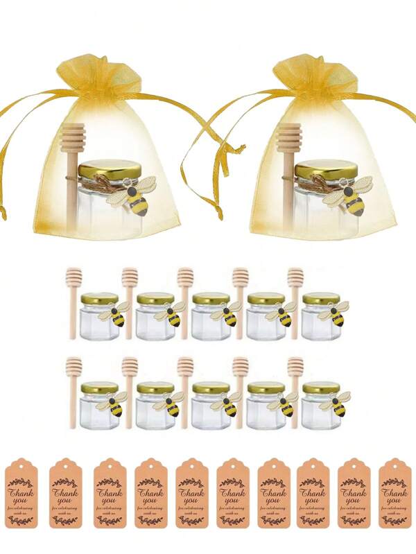 Tarro de miel de vidrio mini hexagonal de 1.5 onzas - Set de 10 tarros de miel, equipados con cucharilla de madera, tapa dorada, tarjeta de agradecimiento y yute, perfecto para baby showers, bodas y fiestas, regalos de boda y regalos de fiesta