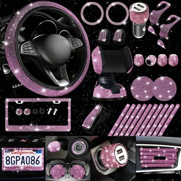 27pcs Faux Diamond Accessories Kit, Sparkling Steering Wheel Cover, Lightning-Shaped License Plate Frame, Phone Holder, Car Coasters