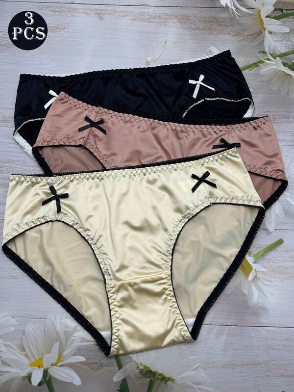 3pcs Sexy Icy Silk Bow Accent Women's Bikini Briefs, Spring/Summer