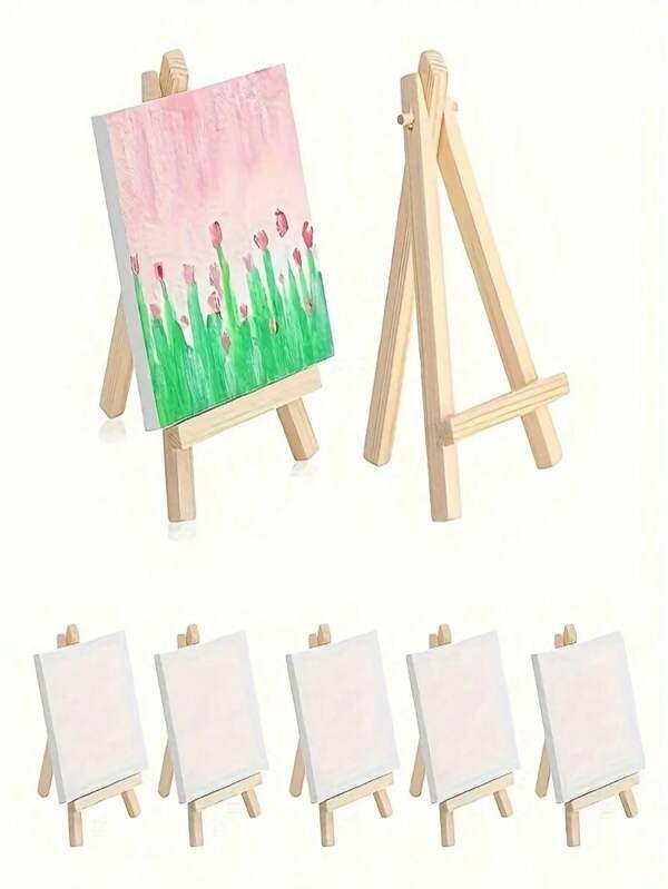 4 Stück Mini Leinwand Panel und Staffelei Set - 10 x 10 cm gespannte weiße Leinwand mit Holzstaffelei - ideal für Acryl, Öl, Aquarellmalerei - Kunstzubehör für Basteln und Geschenke, Multifunktions-Holzstaffelei für Öl, Aquarell, Acrylmalerei