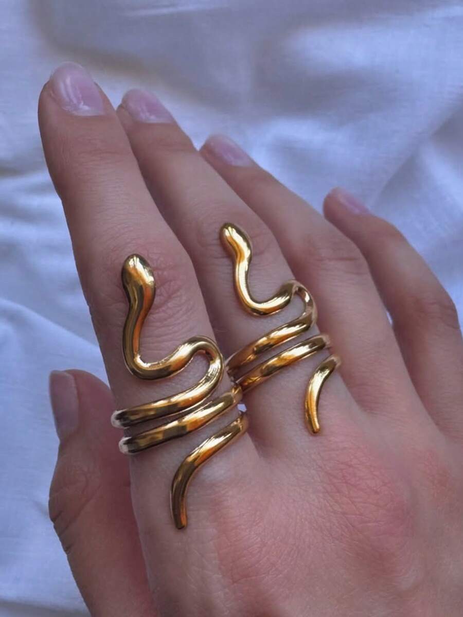 1 件不锈钢蛇形戒指，男女款，金色开口可调节戒指，复古哥特式美学珠宝礼物 - 彩色 - 查看 1